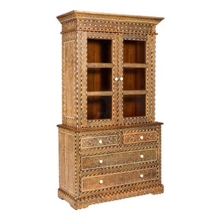 Early 20th Century Anglo Style Buffet à Deux-Corps with Abundant Floral Themed Bone Inlay For Sale