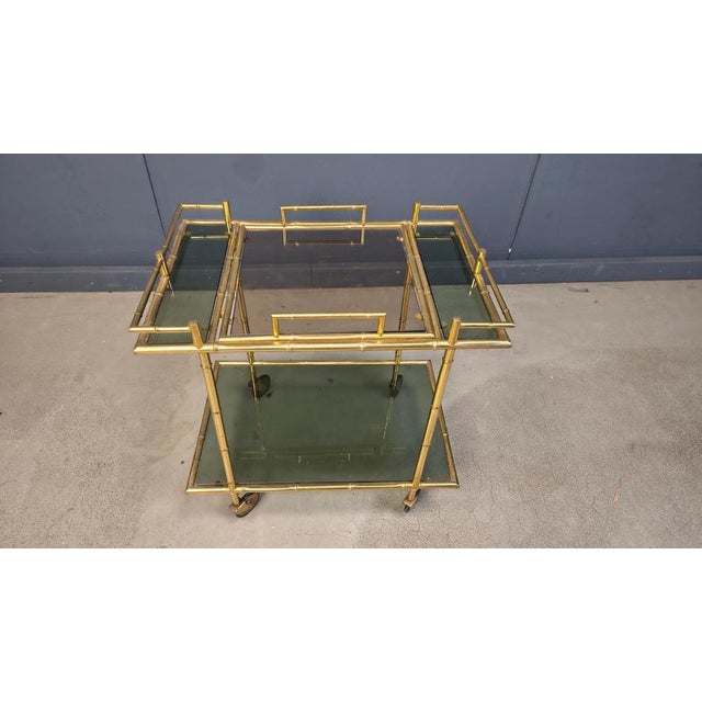 Hollywood Regency Vintage Brass Faux Bamboo Serving Cart, 1960s For Sale - Image 3 of 12