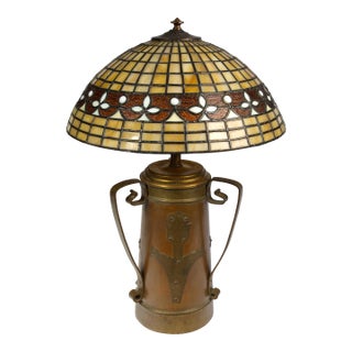 Arts and Crafts Copper and Brass Vase Table Lamp With Leaded Glass Shade, Attributed Stickley Brothers, Circa 1903 For Sale