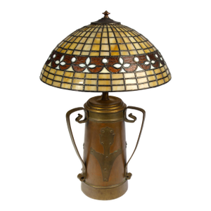 Arts and Crafts Copper and Brass Vase Table Lamp With Leaded Glass Shade, Attributed Stickley Brothers, Circa 1903
