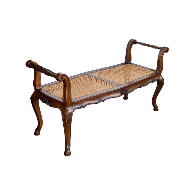 1910s French Louis XV Style Double-Seat Walnut Bench With Caned Seat For Sale - Image 5 of 12