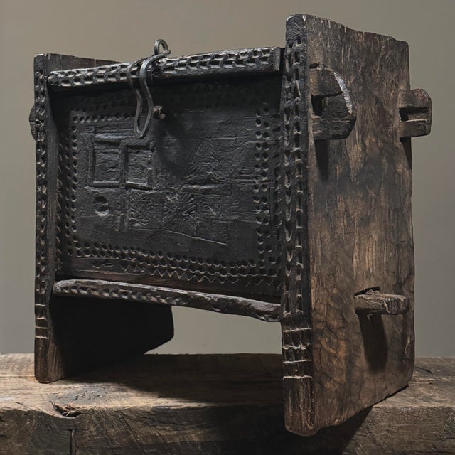 Tribal Antique Hand Carved Folk Art Lidded Dowry Chest For Sale - Image 3 of 12