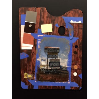 Trompe l'oeil Blue Tape by Andrew Haines | Acrylic Painting of a palette with blue tape and signs For Sale