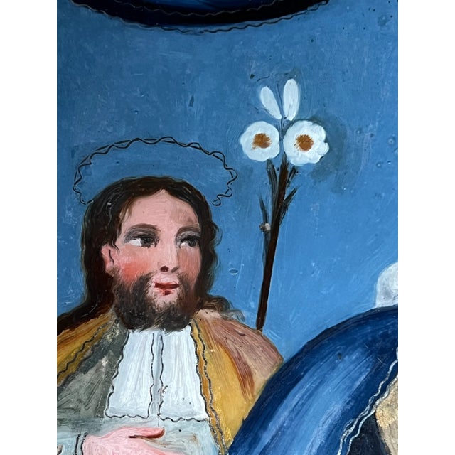 Antique Made in Mexico Holy Family Christmas Nativity Framed Wall Painting For Sale In Chicago - Image 6 of 8