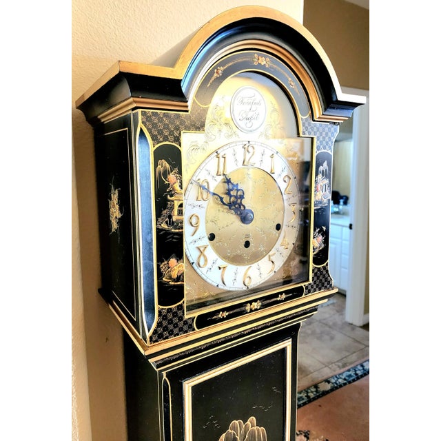 Black Elegant Elliott of London Modern Black Chinoiserie Long Case Clock For Sale - Image 8 of 12