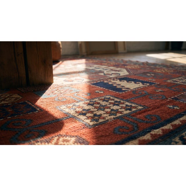 1880s Red Geometric Antique Caucasian Kazak Karachopf Rug 6'2" X 7'3" Knotted Pile Wool Carpet For Sale In New York - Image 6 of 8