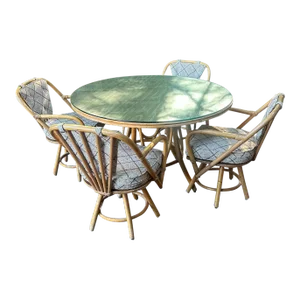 1960s Reed & Rattan Furniture Bamboo Round Table With Four Swivel Chairs With Pads - Set of 5