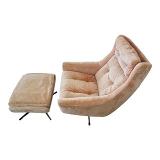 1970's Swedish Overman Tan Velvet Lounge Chair & Ottoman For Sale