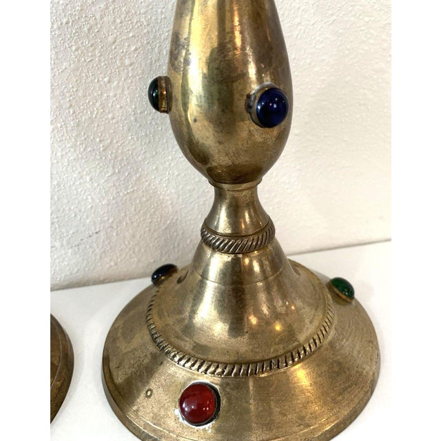 Asian Vintage Pair Indian Brass Candlesticks W/Inlaid Jewel-Tone Cabochons 10"Tall 50s For Sale - Image 3 of 3
