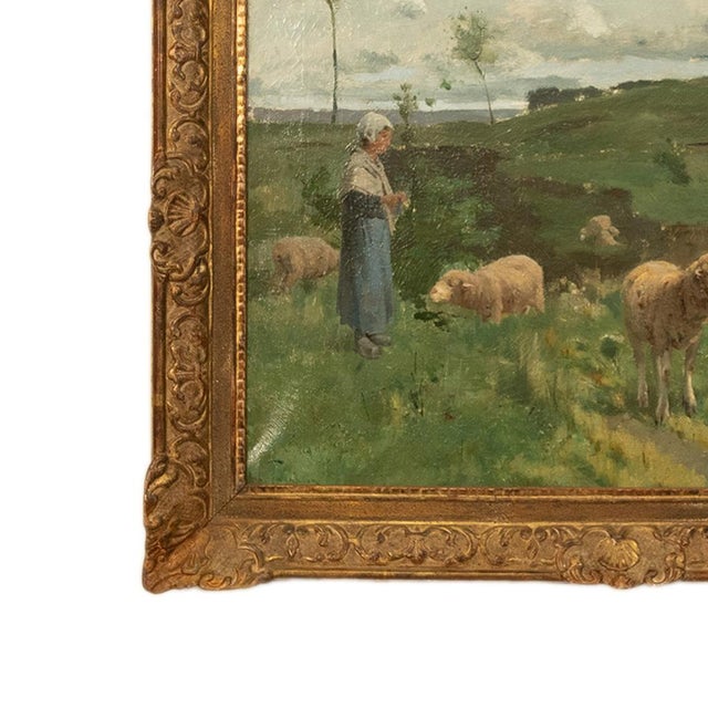 Textile 19thC Oil on Canvas French Pastoral Realism Barbizon School Landscape Painting by Harry Thompson, 1885 For Sale - Image 7 of 18