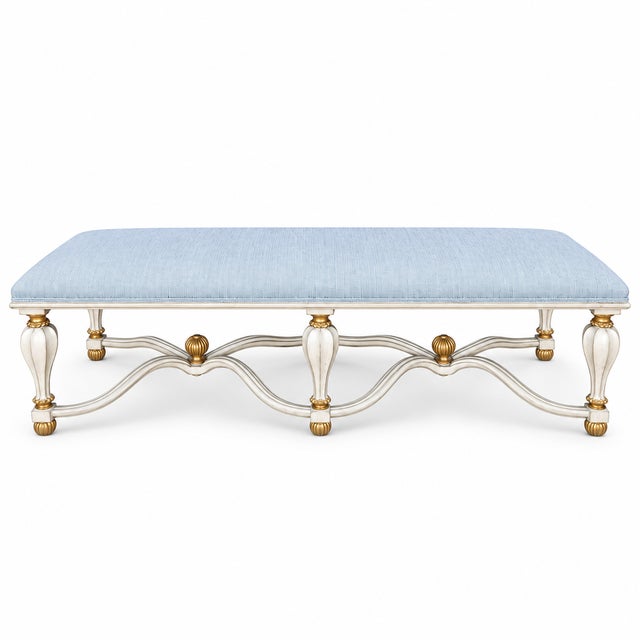 20th-C. Italian Rococo Style Carved & Painted Giltwood Six Leg Bench / Ottoman For Sale - Image 12 of 13