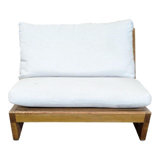 Crate and Barrel Modern Outdoor Wood Lounge Chair With White Cushions For Sale