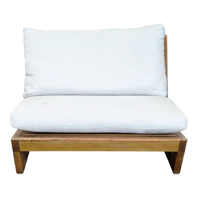 Crate and Barrel Modern Outdoor Wood Lounge Chair With White Cushions For Sale