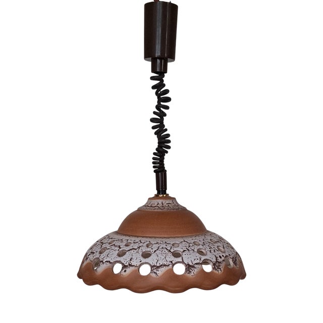 Vintage Ceiling Lamp with Openwork Ceramic Shade on Height-Adjustable Plastic Mount, 1970s For Sale