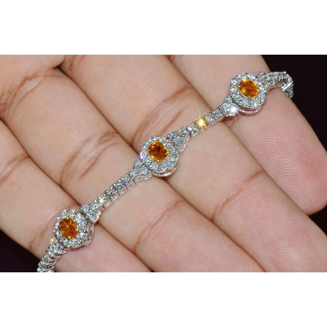 Orange Certified Natural 8.16cts vs F Diamond Yellow Sapphire 18k Solid Gold Tennis Stacking Bracelet For Sale - Image 8 of 10
