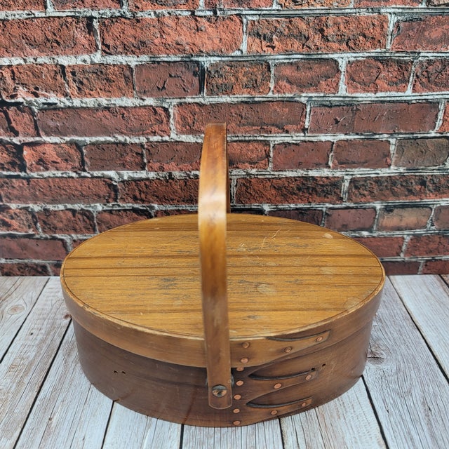 Antique Moiré Lined Shaker Handled Sewing Basket Box Measurements are shown in photos. Pre 1930's. In good condition for...