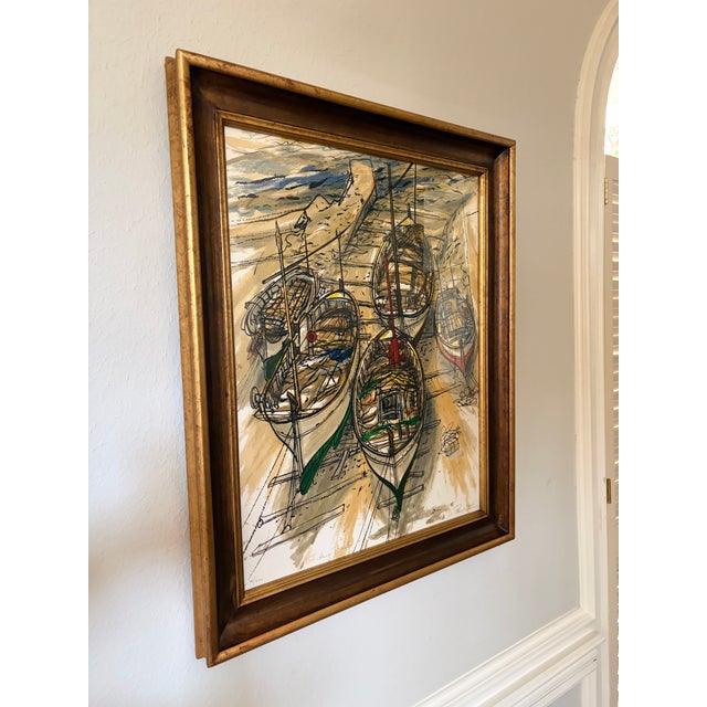 Mid-Century Modern 1970s “Fishing Boats” by Bruno Zupan Signed Limited Edition Lithograph 14/200 17x33 - Framed For Sale - Image 3 of 12