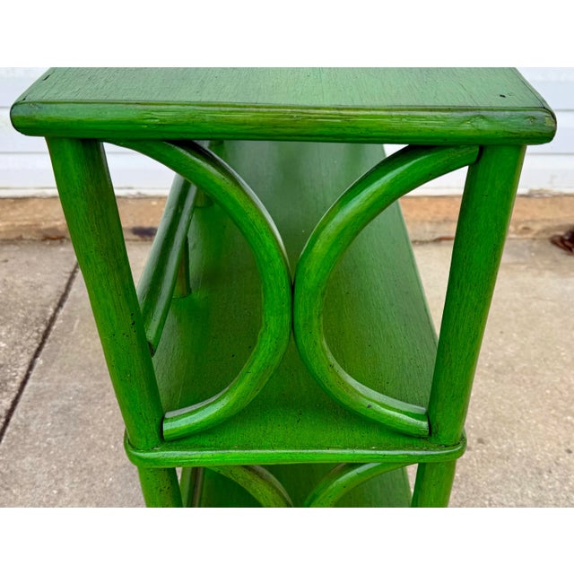 Mid 20th Century Vintage Rattan Etagere Bookcase Newly Painted Green – Versatile Console & Home Decor Accent For Sale - Image 5 of 10