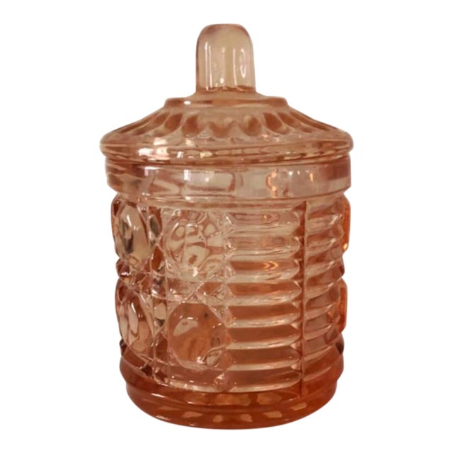 Mid 20th Century Indiana Glass Pinky Peach Lidded Marmalade Jar For Sale