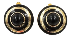 Vintage Signed Courrèges Paris Goldtone Cabochon Faux-Onyx & Black Enamel Bulls Eye Clip Earrings - 2 Pieces
