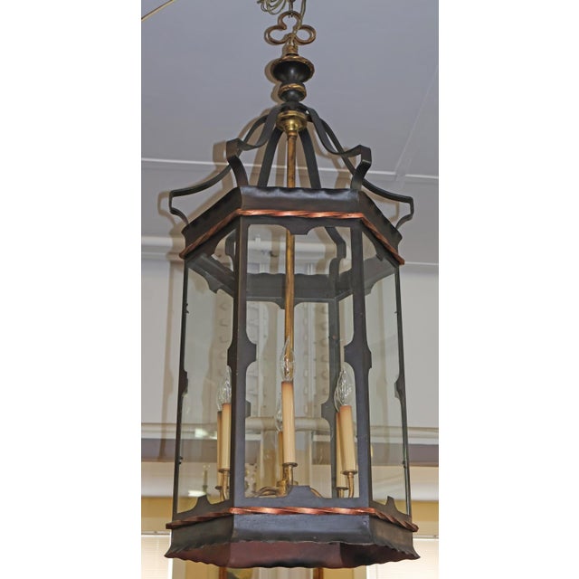 1990s Large 6 Light Regency Style Wrought Iron Black & Gold Chandelier Lantern For Sale - Image 9 of 10