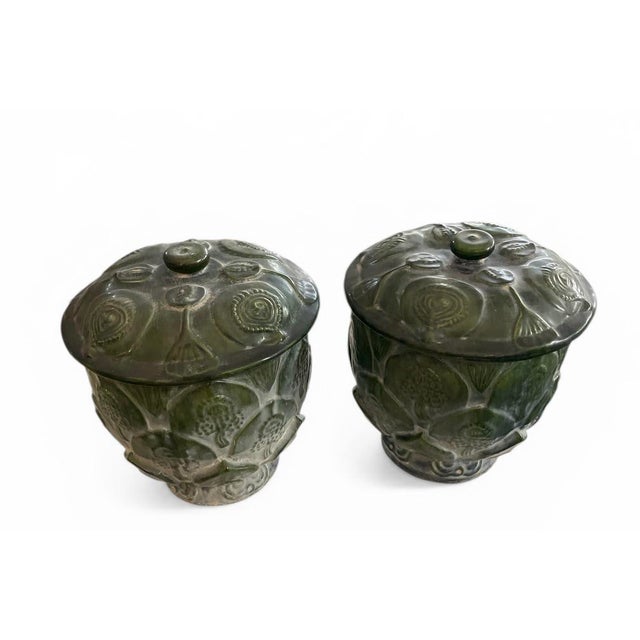 Pair of Vintage Mid-Century Modern Artichoke Footed Ceramic Jars With Lid For Sale - Image 4 of 11