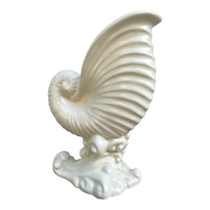 Vintage White Pearlescent Ceramic Cornucopia Vase — Coastal Hollywood Regency Shell