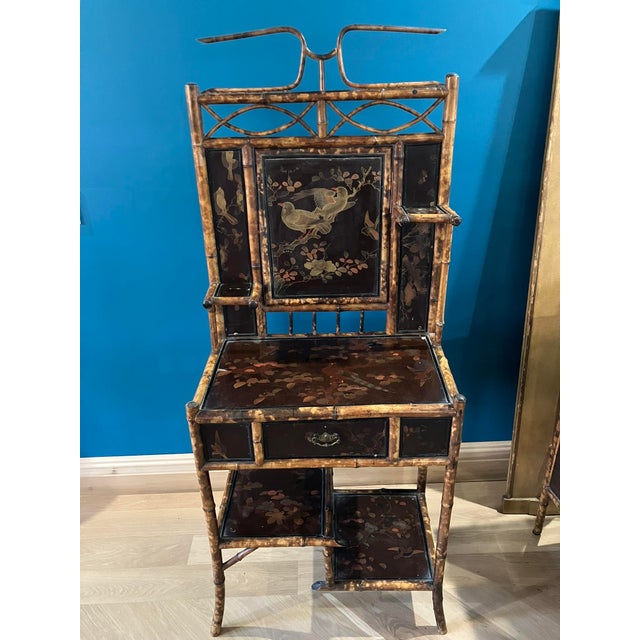 1920s Victorian Tortoiseshell Bamboo & Japanned Lacquer Bonheur Du Jour Writing Desk For Sale - Image 14 of 16