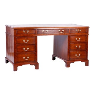 Antique English Yew Wood Leather Top Partner Desk For Sale