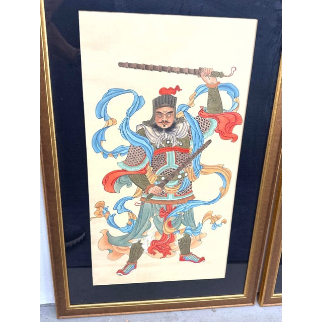 Chinoiserie Pair of Vintage Chinese Gongbi Silk Paintings of Guardian Warriors For Sale - Image 3 of 11
