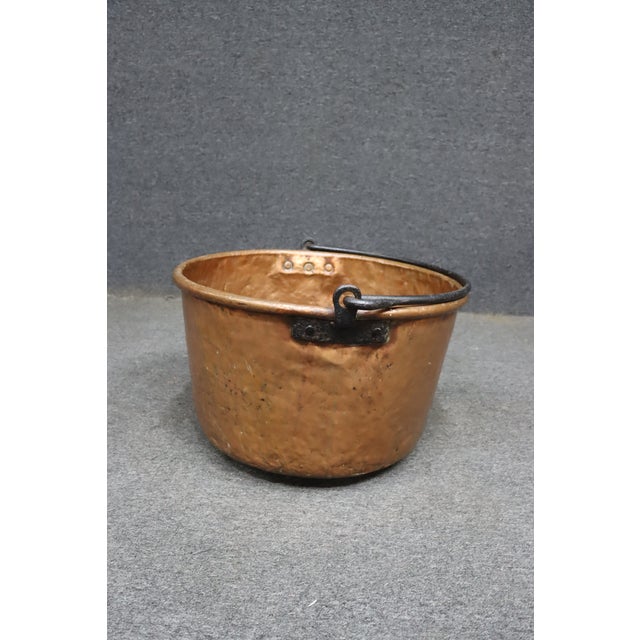 Antique Hand-Hammered Copper Apple Butter Kettle With Wrought Iron Swing Handle For Sale - Image 4 of 12