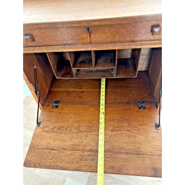 Arts and Crafts Secretary Desk Oak, Space Saver, Top Drawer, Bottom Bookshelf For Sale - Image 11 of 12