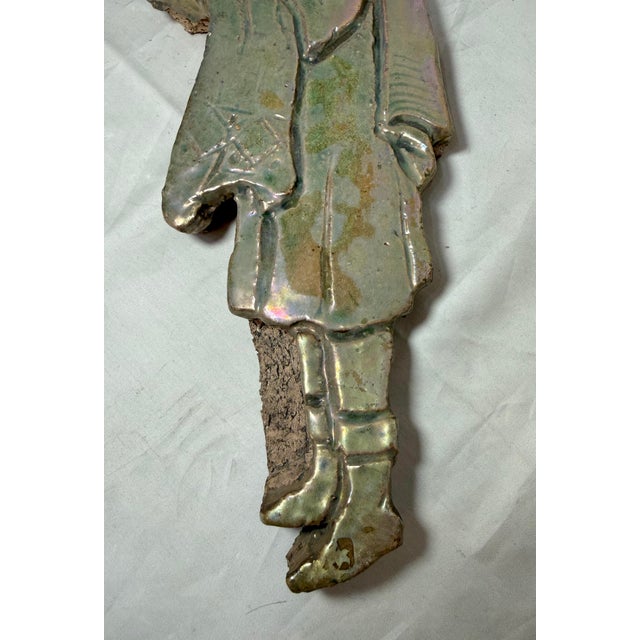 Big Antique Handmade Figural Green Iridescent Glaze Man Pottery Wall Tile Art For Sale - Image 4 of 11