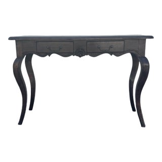 French Provincial Console Table, Louis XV Style Vanity Desk, Vintage Curved Leg Writing Table, Parquet Top Entryway Table, Solid Wood Table For Sale