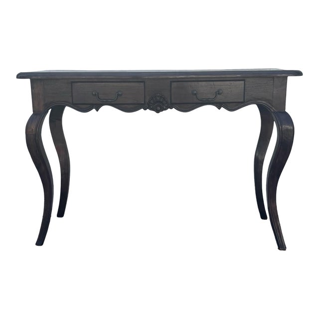 French Provincial Console Table, Louis XV Style Vanity Desk, Vintage Curved Leg Writing Table, Parquet Top Entryway Table, Solid Wood Table For Sale