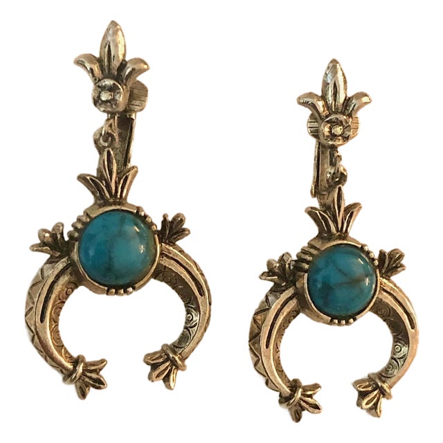 1950s Arthur Pepper (Art) Turquoise Silver Squash Blossom Earrings, a Pair For Sale