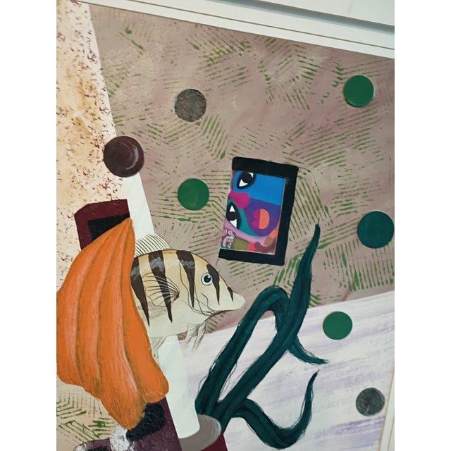 Drawing/Sketching Materials Signed by 'Peters' Large Mid-Century Style Modern Abstract Fish Mixed Media Collage - Framed For Sale - Image 7 of 18