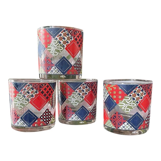 Vintage Cora Red and Blue Patchwork Lowball Whiskey Glasses - Set of Four (4) For Sale