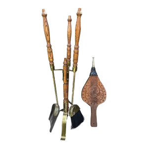Mid-Century Oak Handled Fireplace Tools Set With Brass Accents and Stand- 5 Pieces