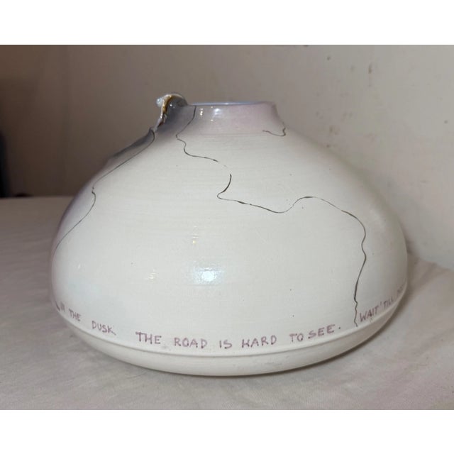 Large Vintage Handmade White Gold Signed Studio Art Pottery Quote Vase Sculpture For Sale - Image 9 of 16