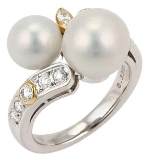 Mikimoto Diamond Akoya Pearls Platinum 18k Yellow Gold Bypass Ring, Size 5