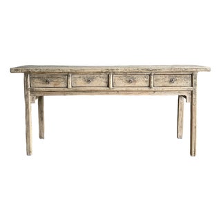 Vintage Elm Wood Console With 4 Drawers For Sale