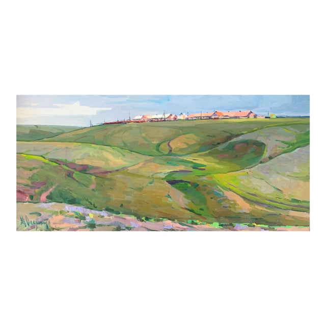 Rural Landscape Antique Painting Original Soviet Art Ukrainian Artist Osenniy m.s. 57,5-120 1970e For Sale