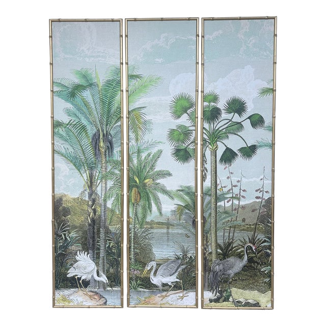 Large Tropical Mural Triptych Framed in Faux Bamboo - a Set of 3 For Sale