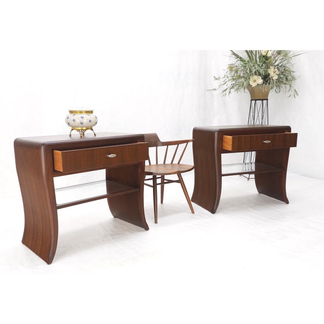 Pair Century Walnut Waterfall Brand New Old Stock Two Tier End Side Tables Stand For Sale - Image 17 of 17