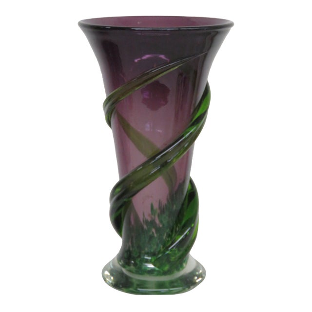 Mid Century Modern Hand Blown Teleflora Purple and Green Wrapped Vase 4390b For Sale