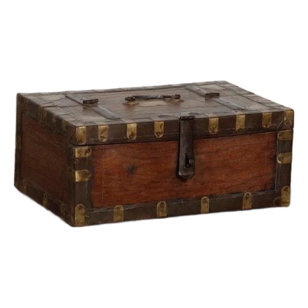 Antique Indian Teakwood Brass and Iron Strapped Small Chest For Sale