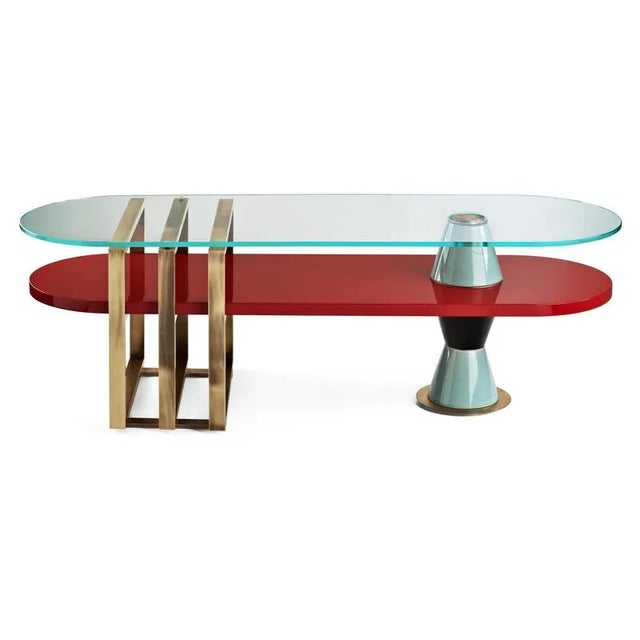 Palm oval coffee table by marioni dimensions: w 50 x d 50 x h 50 cm. Materials: brass structure and glazed ceramic...
