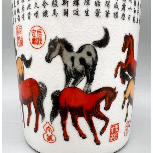 White Vintage Chinese Porcelain Brush Pot With Eight Horses Motif & Calligraphy — Chinoiserie / Asian Traditional For Sale - Image 8 of 14