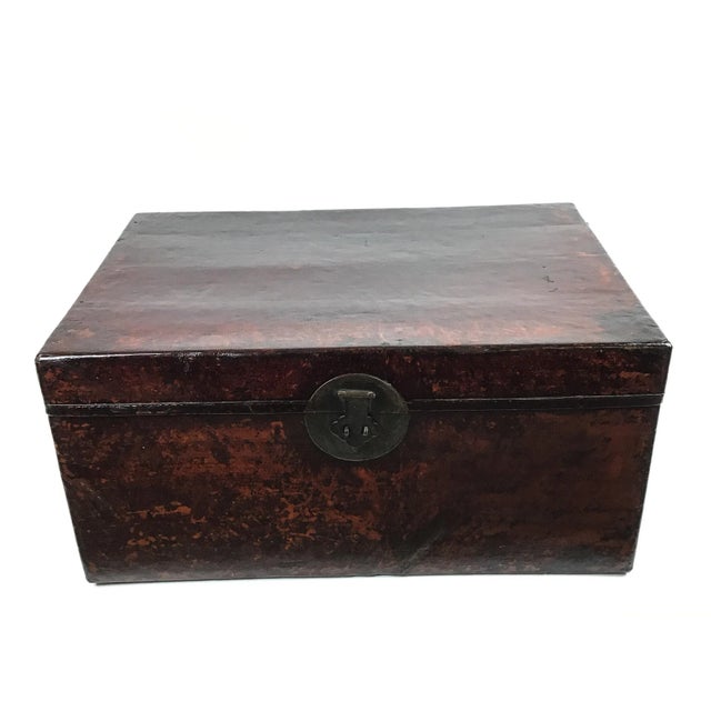 Rustic European Chinese Antique Leather Trunk For Sale - Image 3 of 13